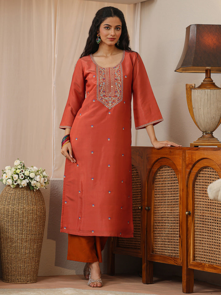 Burnt Orange Embellished Yoke Silk Blend Straight Kurta