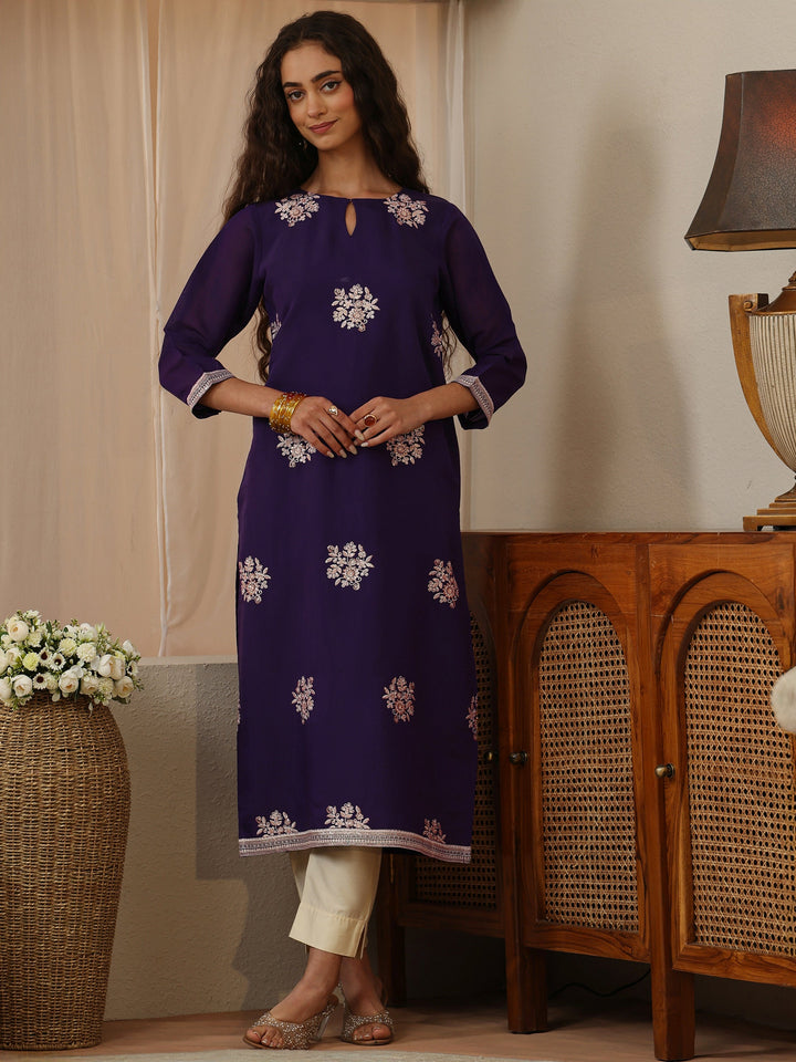 Purple Floral Embroidered Chanderi Cotton Straight Kurta