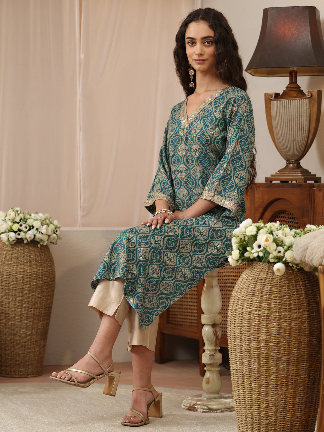 Teal Green Printed Rayon Straight Kurta