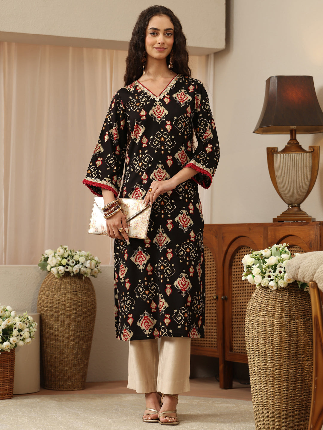 Black Patola Ikat Printed Rayon Straight Kurta