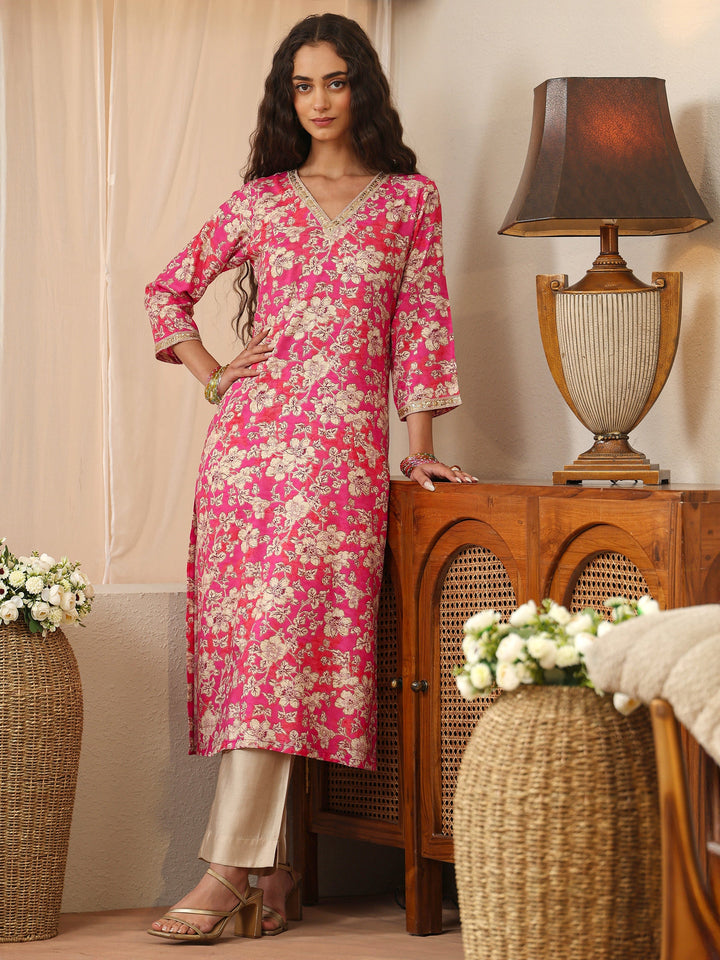 Pink Floral Printed Rayon Straight Kurta