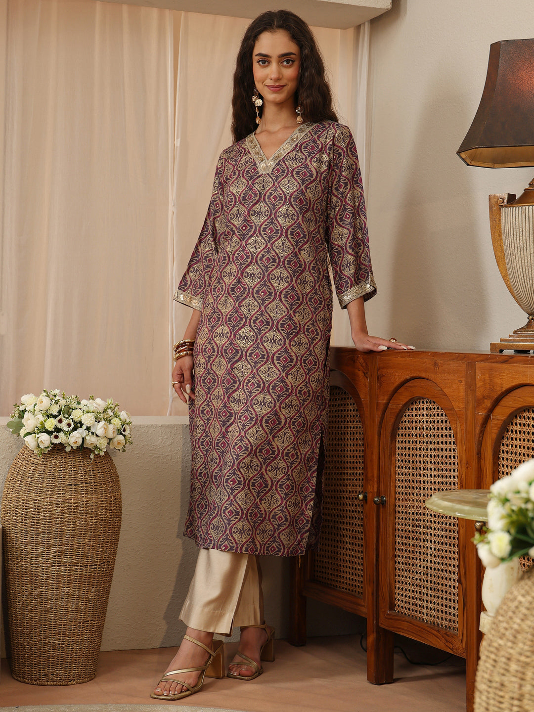 Purple Printed Rayon Straight Kurta