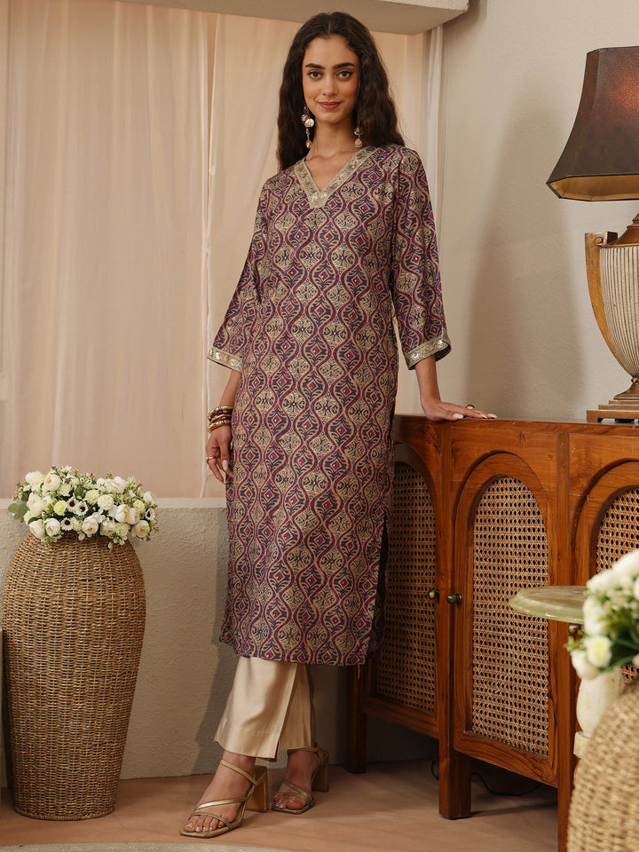 Purple Printed Rayon Straight Kurta