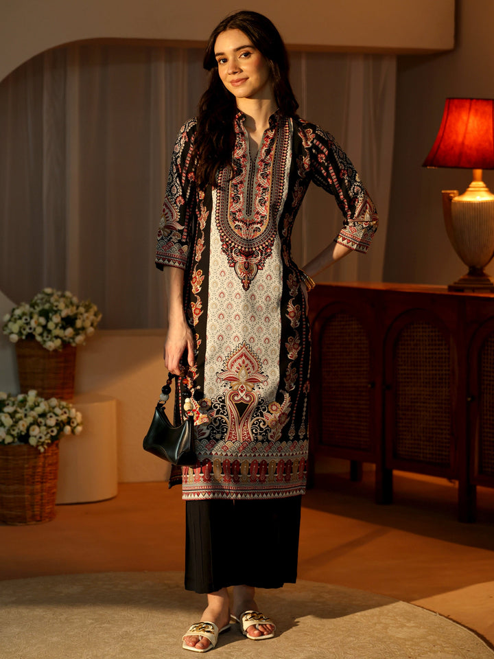 Black Floral Printed Cotton Blend Straight Kurta