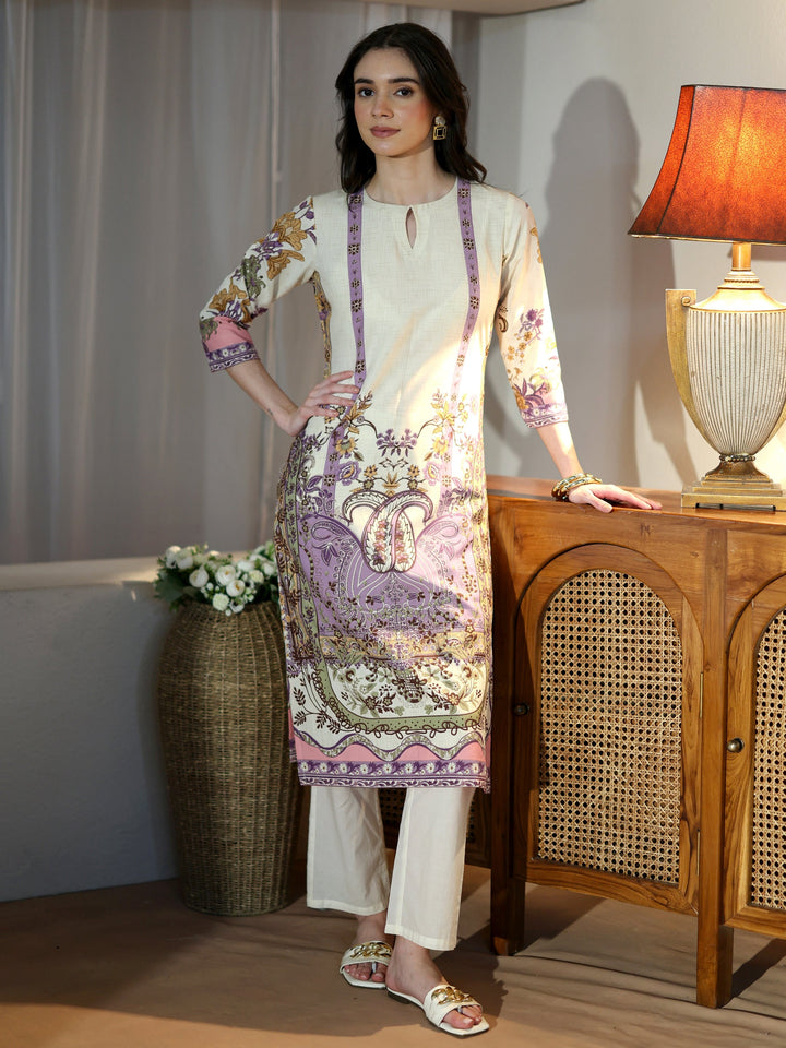 Ivory Floral Printed Cotton Blend Straight Kurta