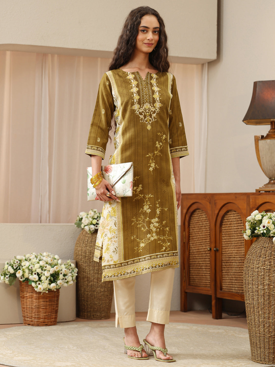 Olive Green Floral Printed cotton Blend Straight Kurta