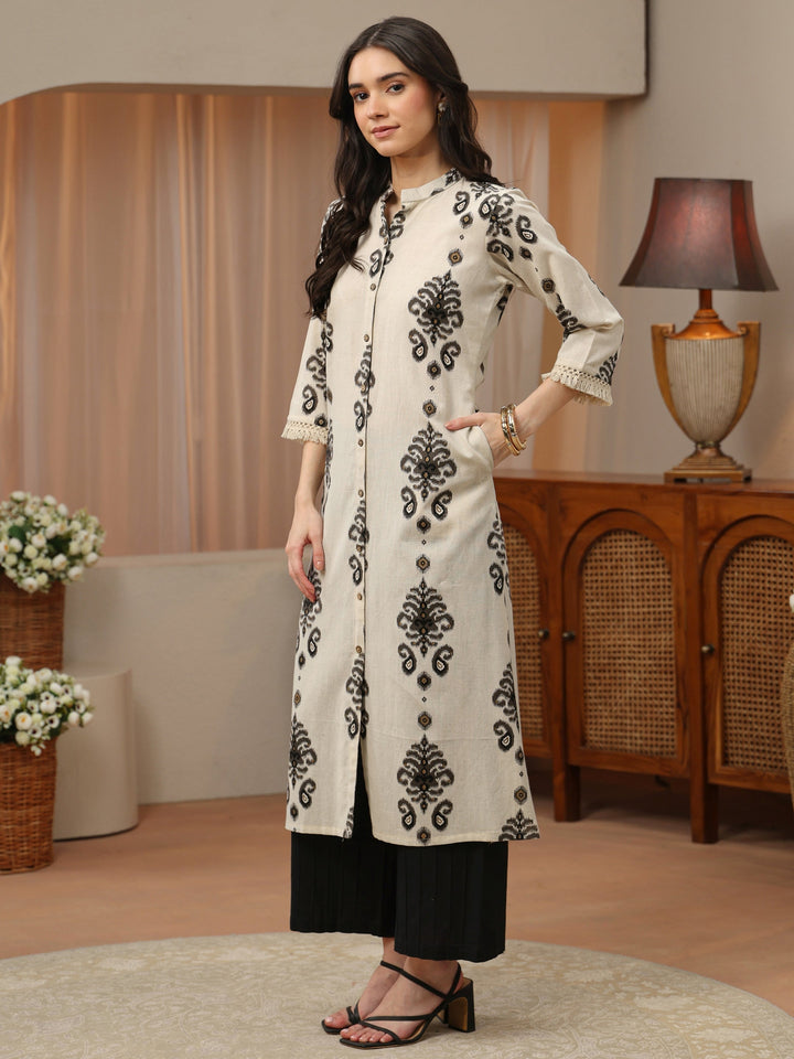 Ivory and Black Ikat Print Cotton Straight Kurta