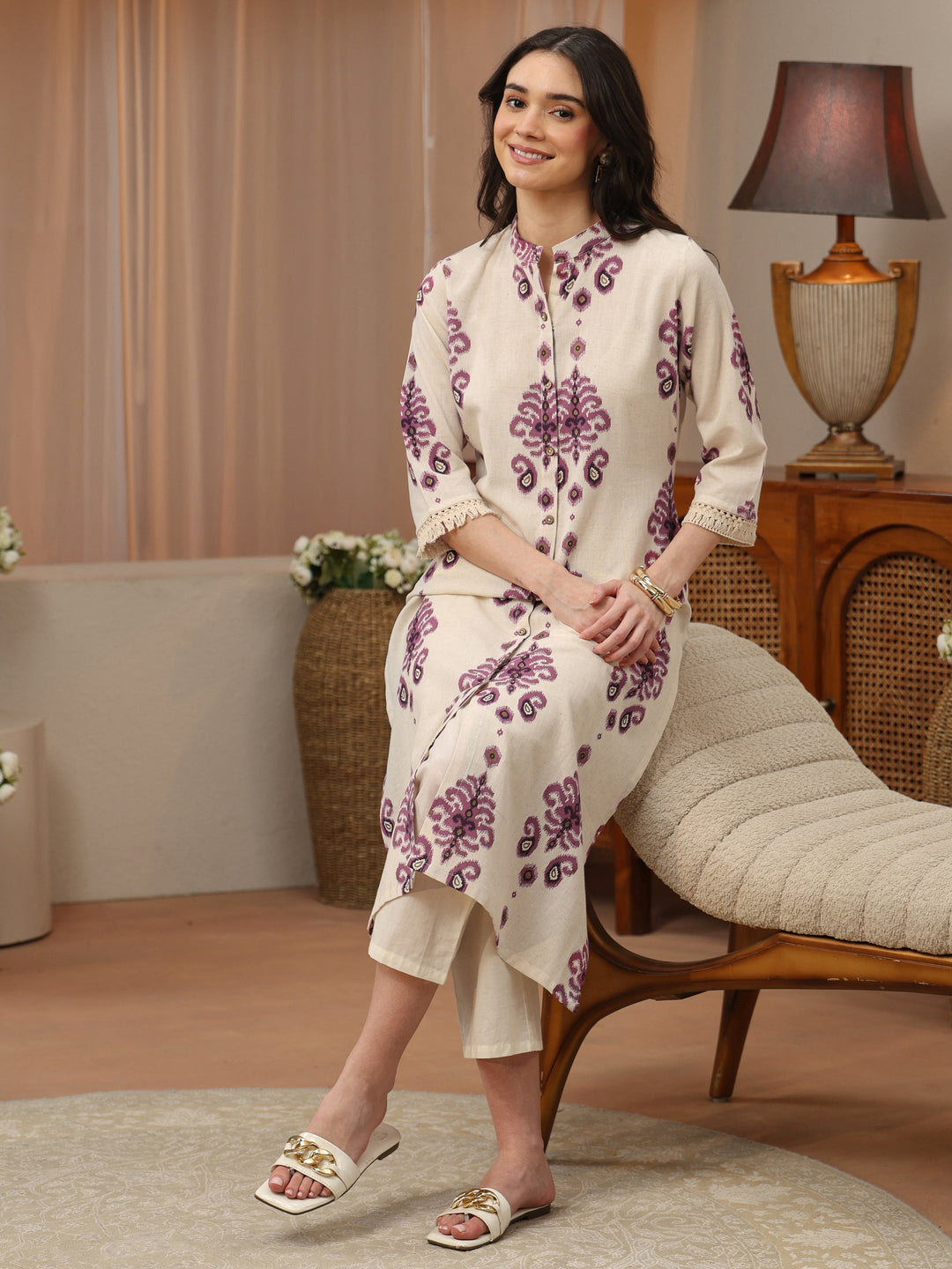 Ivory and Purple Ikat Print Cotton Straight Kurta