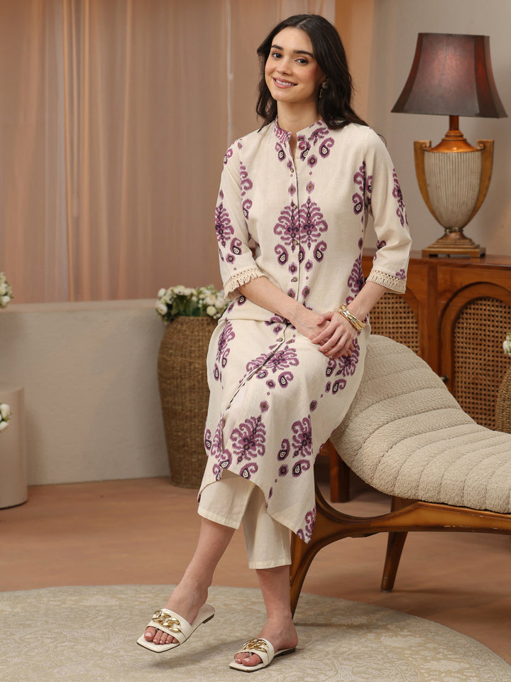 Ivory and Purple Ikat Print Cotton Straight Kurta