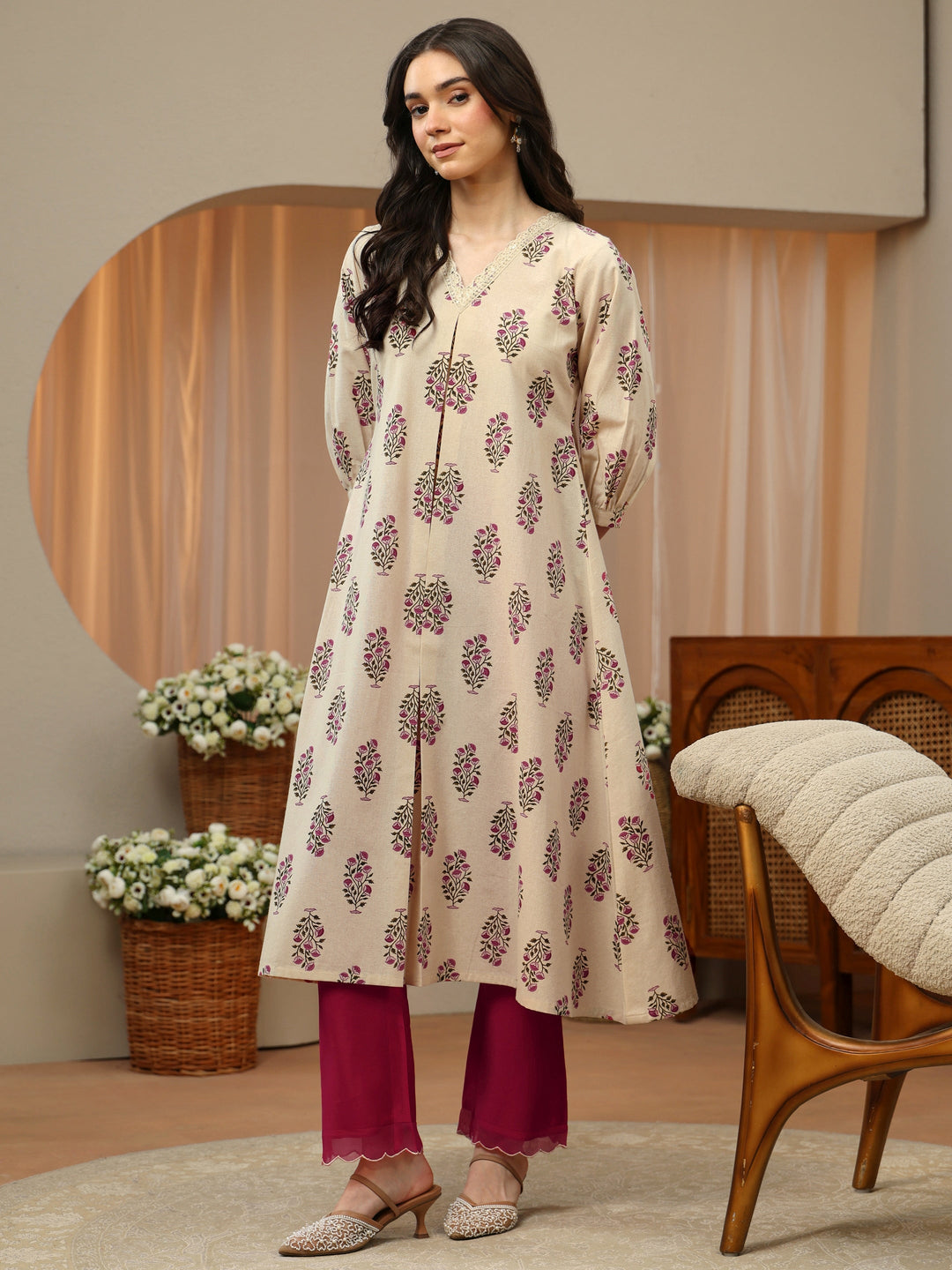 Ivory Floral Printed Cotton A-Line Kurta