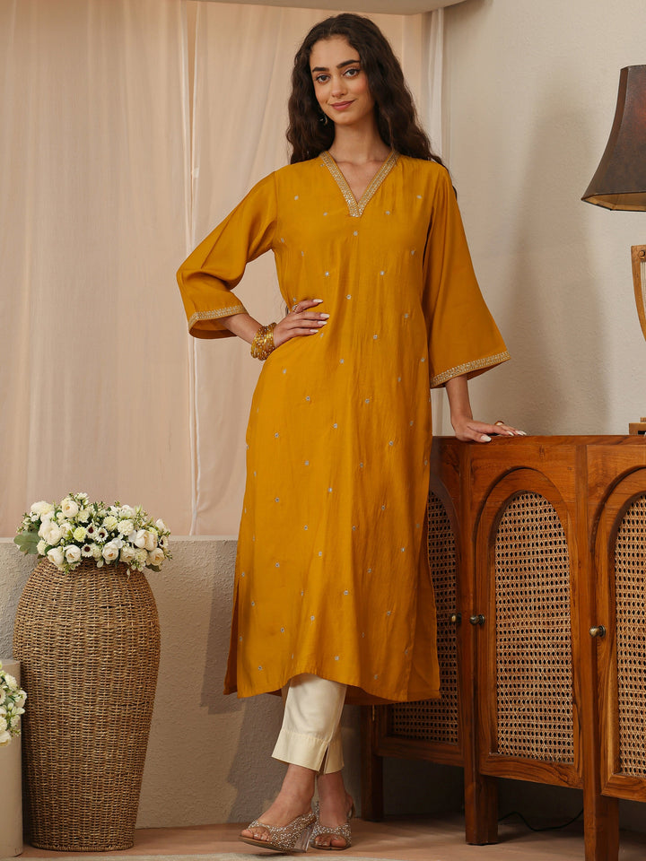Ochre Yellow Embroidered Silk Blend Straight Kurta