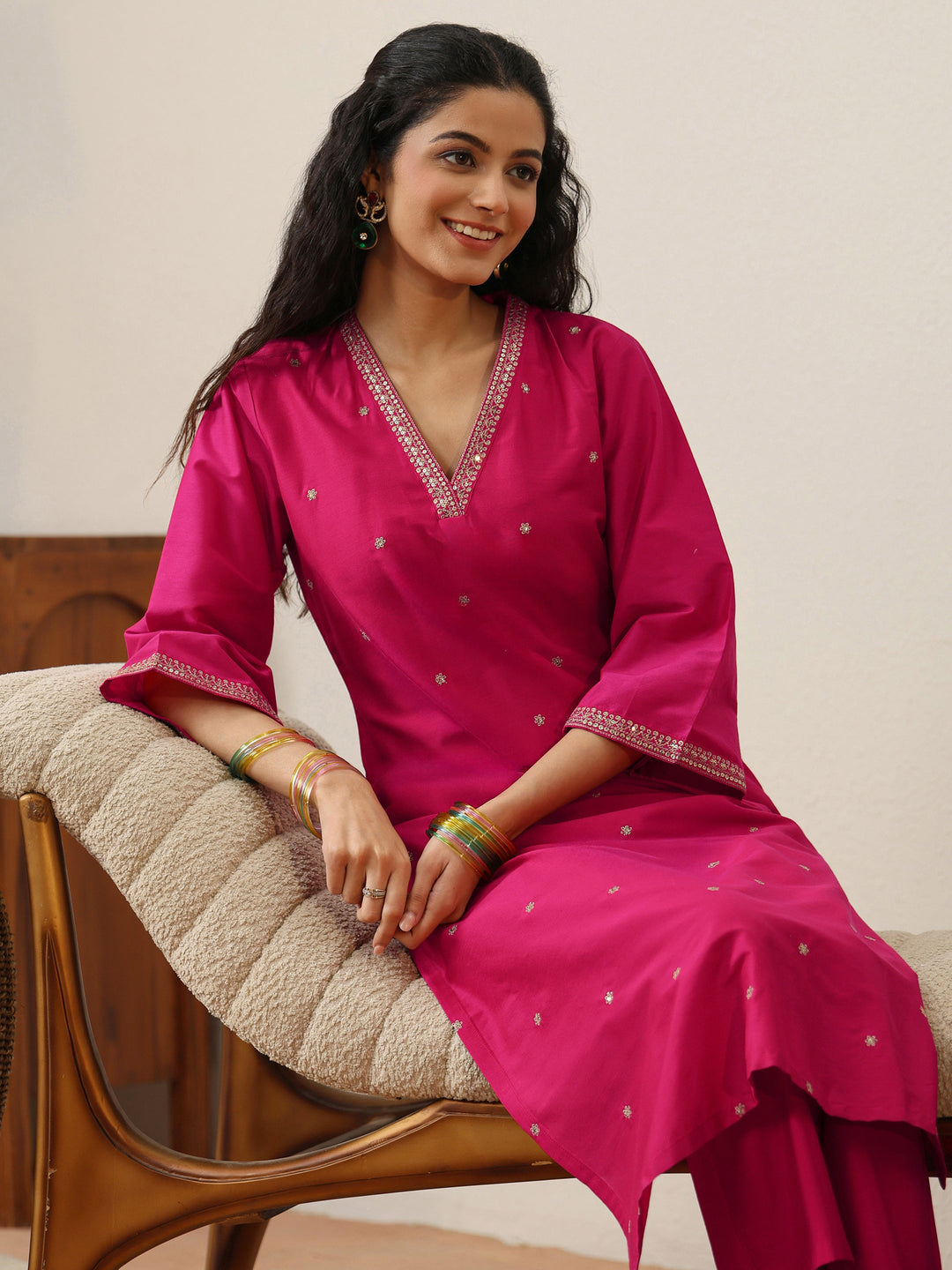 Fuchsia Pink Embroidered Silk Blend Straight Kurta