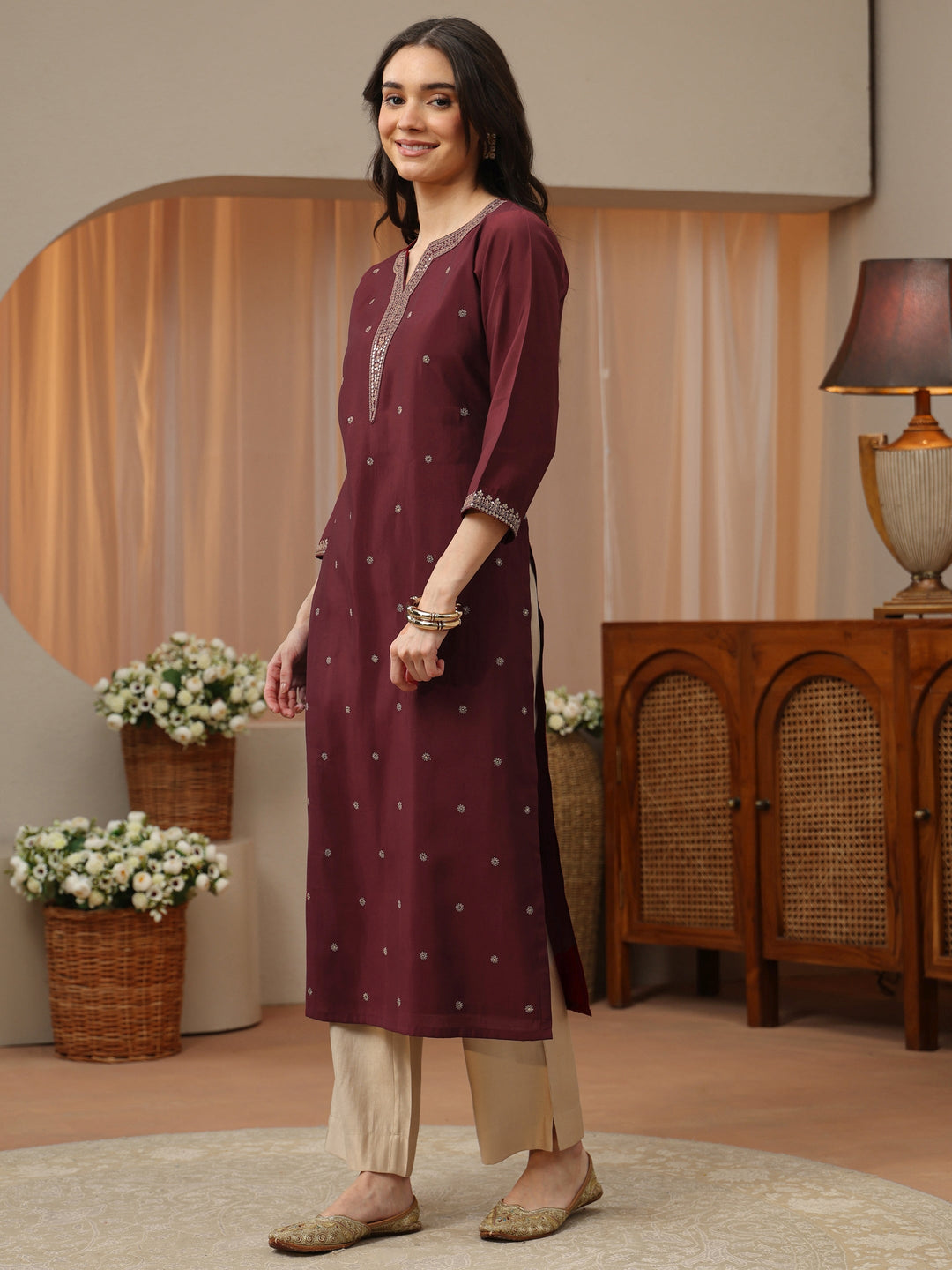 Mahogany Red Embroidered Silk Blend Straight Kurta