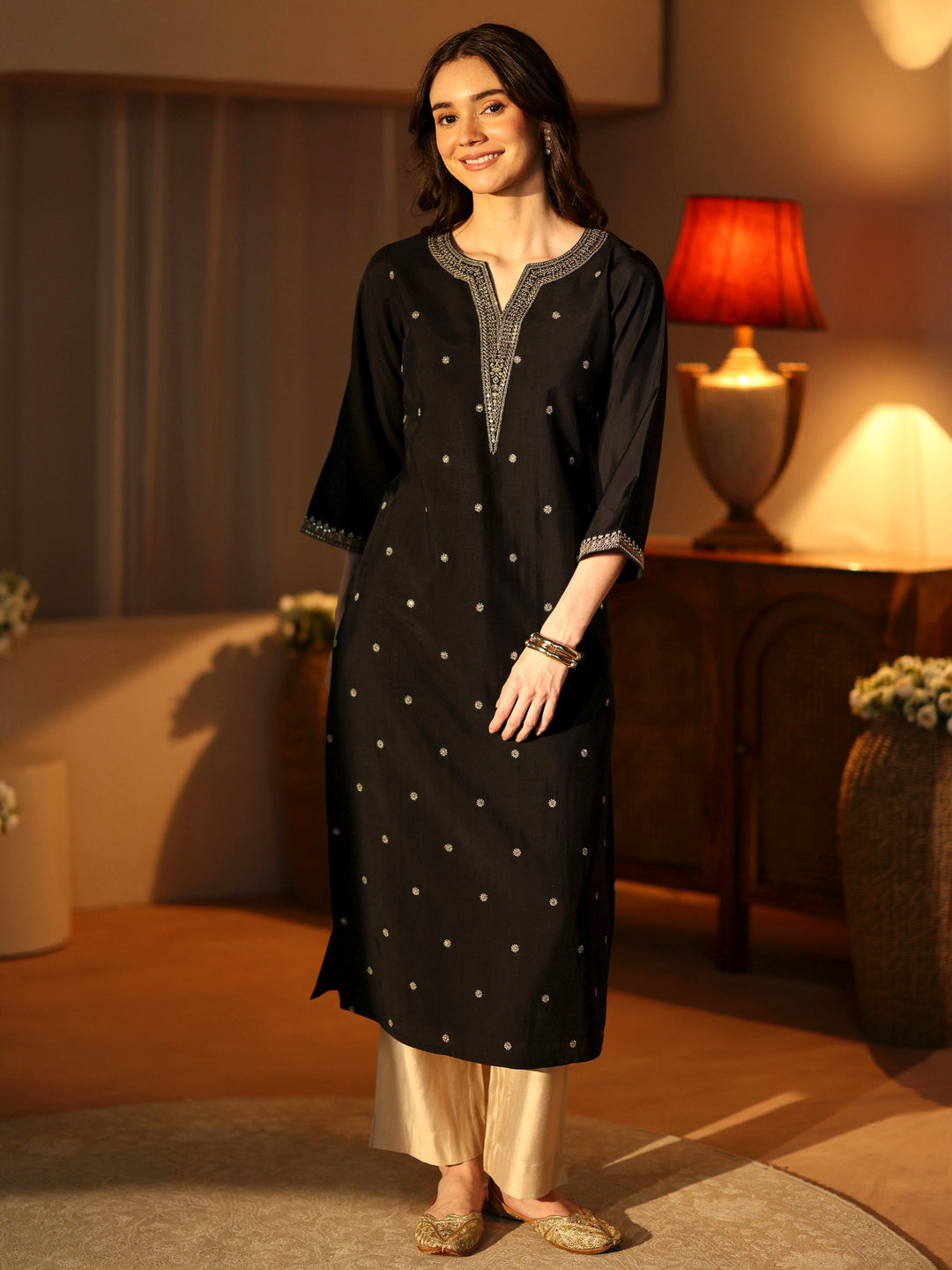 Black Embroidered Silk Blend Straight Kurta