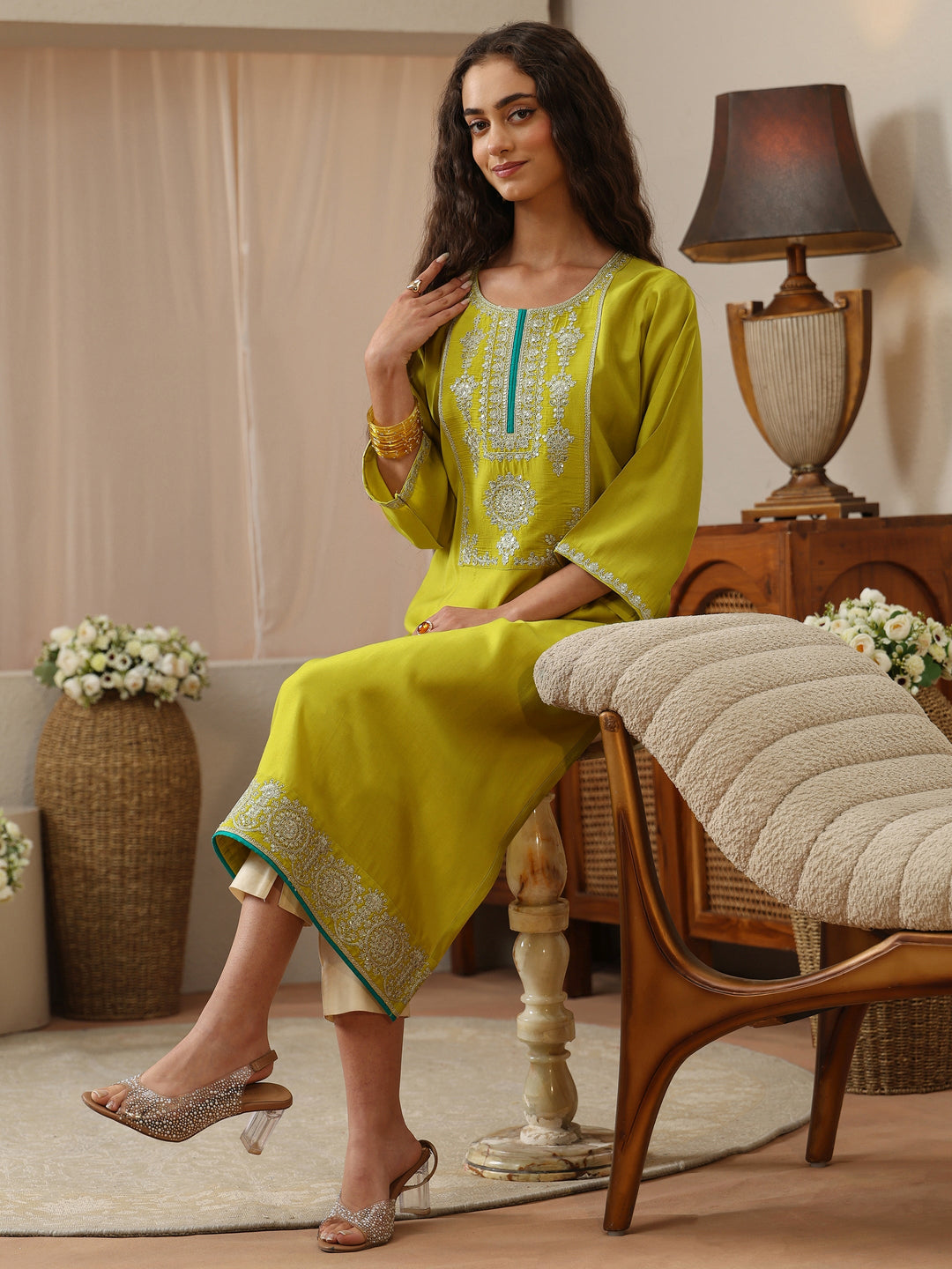 Lime Green Silk Blend Straight Kurta with Embellished Yoke