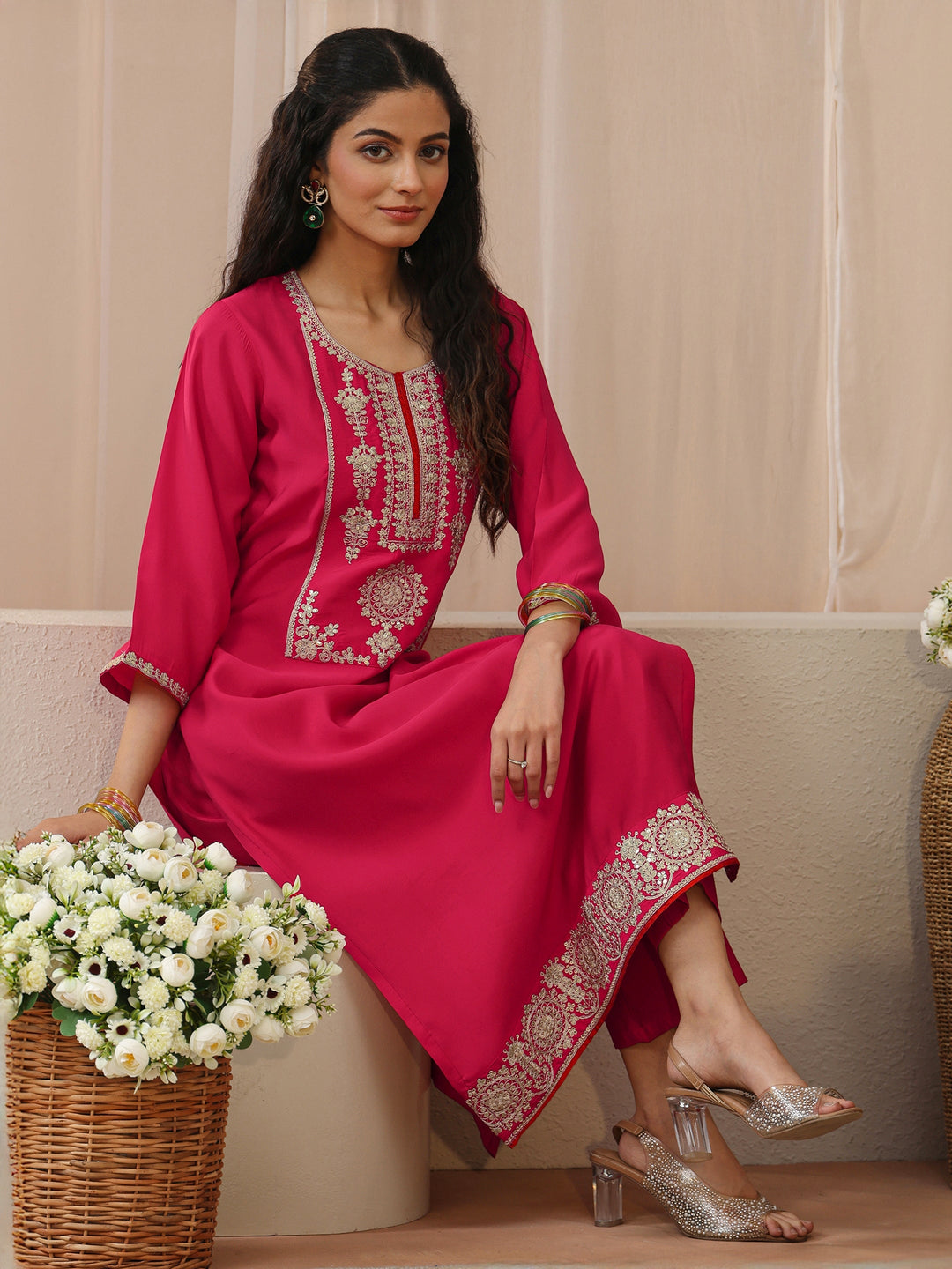 Fuchsia Pink Silk Blend Straight Kurta with Embellished Yoke