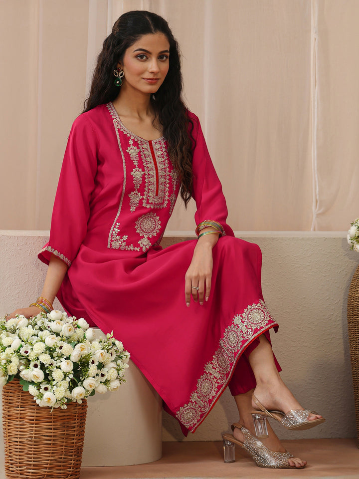 Fuchsia Pink Silk Blend Straight Kurta with Embellished Yoke