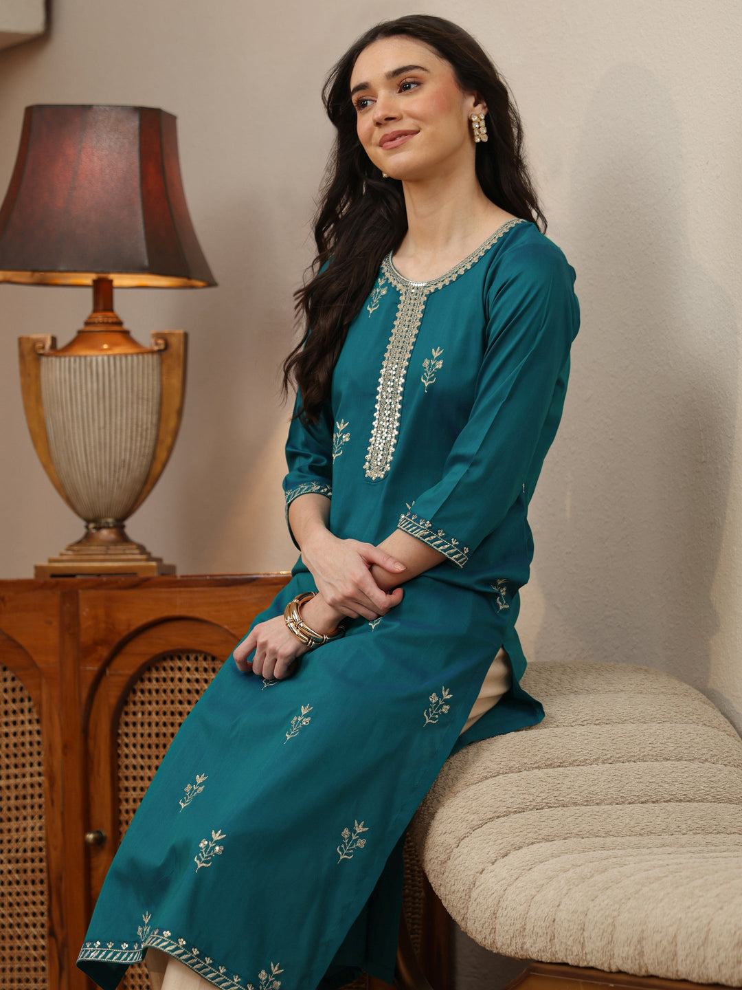Aqua Blue Floral Embroidered Silk Blend Straight Kurta