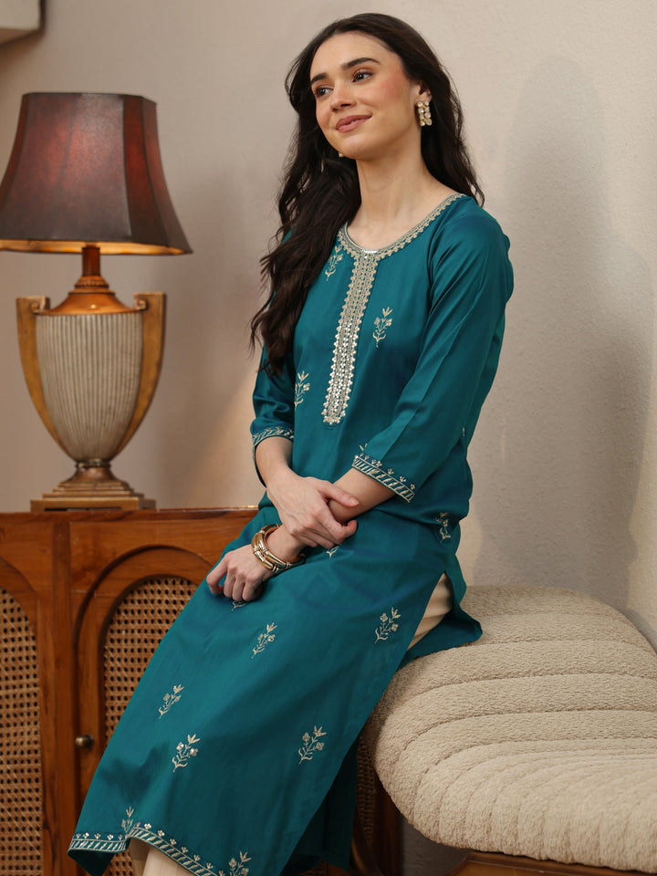 Aqua Blue Floral Embroidered Silk Blend Straight Kurta