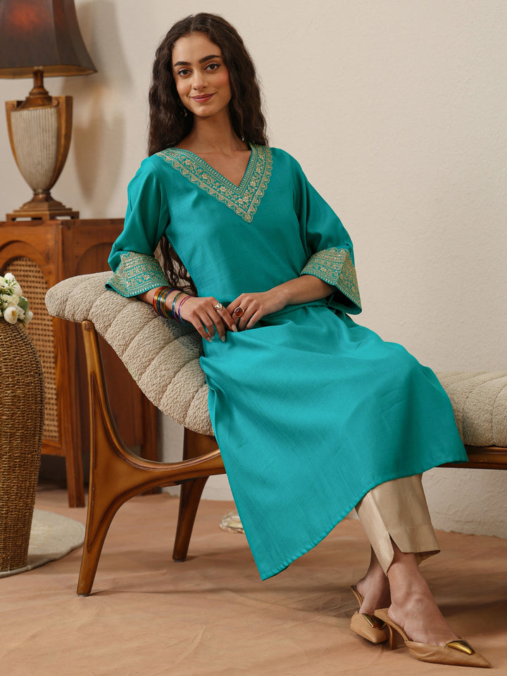 Turquoise Blue Floral Embroidered Silk Blend A-Line Kurta