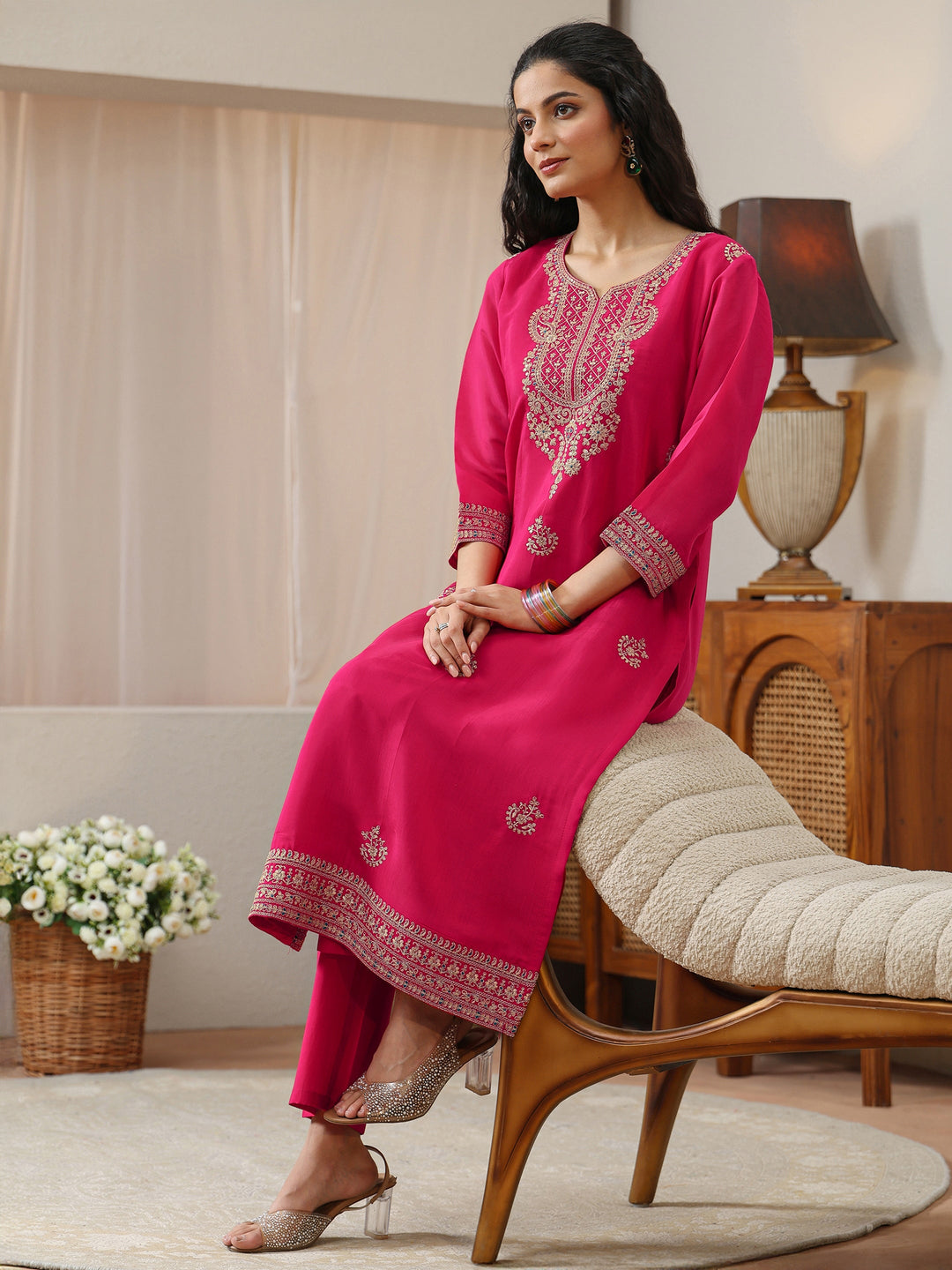 Fuchsia Pink Floral Embroidered Silk Blend Straight Kurta
