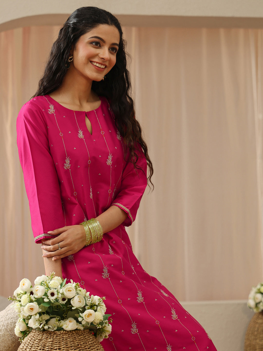 Fuchsia Pink Embroidered Silk Blend Straight Kurta