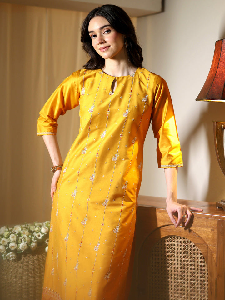 Sunglow Yellow Embroidered Silk Blend Straight Kurta