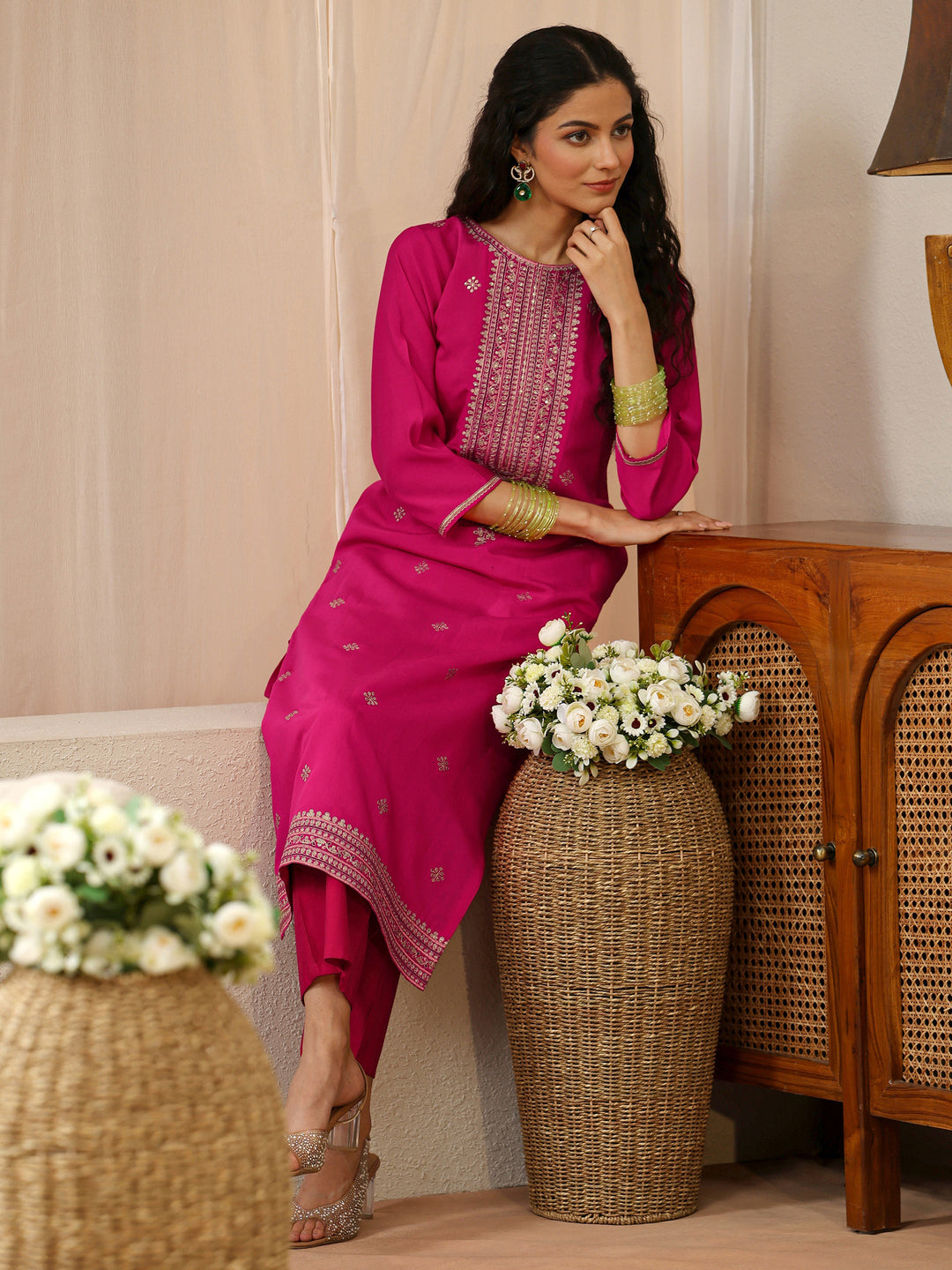 Fuchsia Pink Yoke Design Silk Blend Straight Kurta