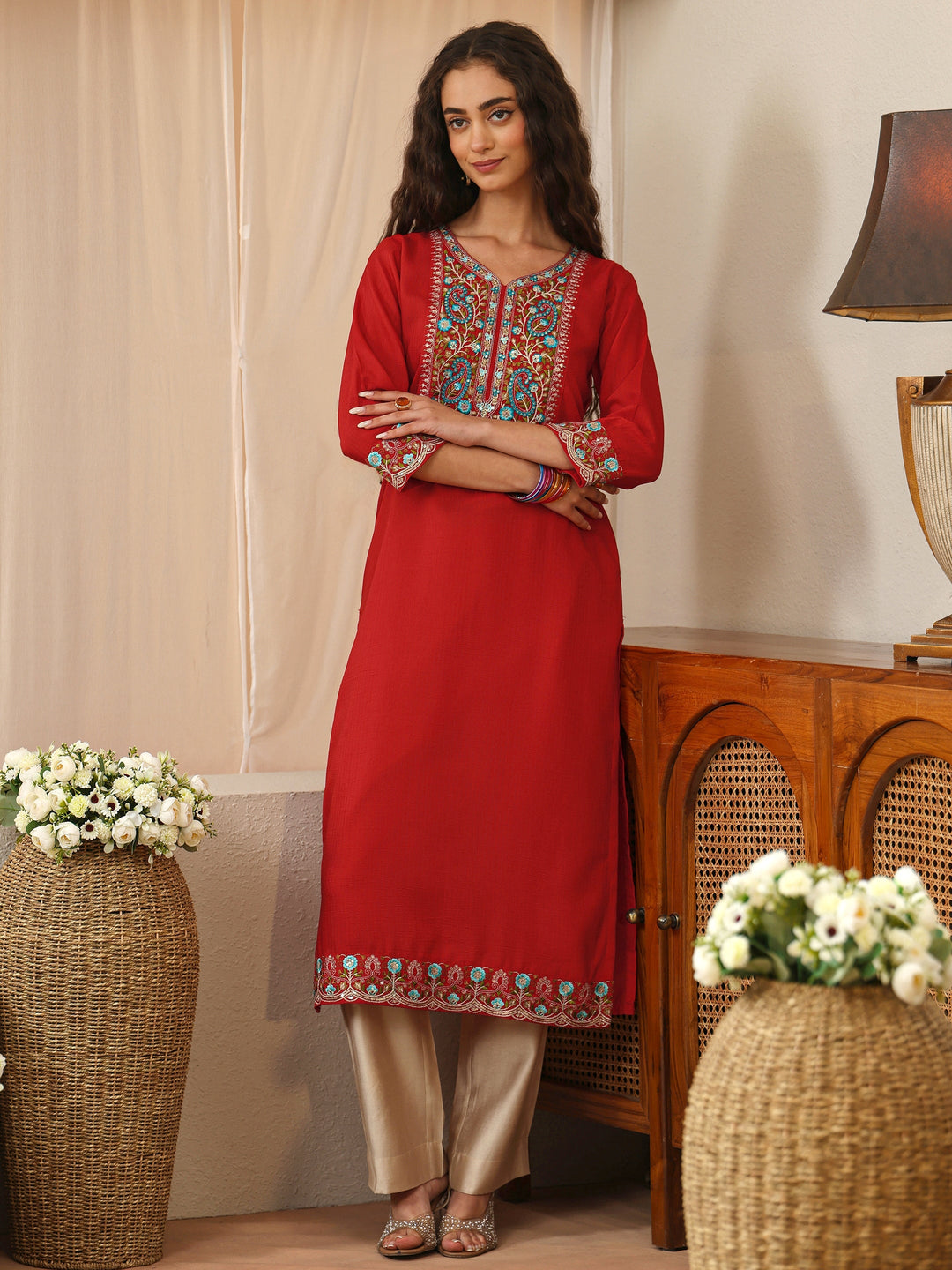Red Floral Embroidered Silk Blend Straight Kurta