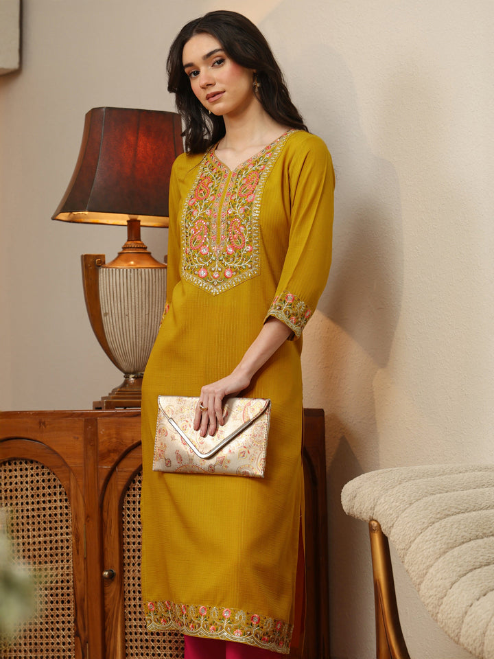 Mustard Floral Embroidered Silk Blend Straight Kurta