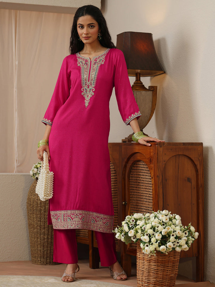 Fuchsia Pink Yoke Design Silk Blend Straight Kurta