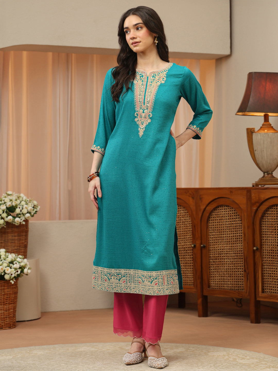 Aqua Blue Yoke Design Silk Blend Straight Kurta