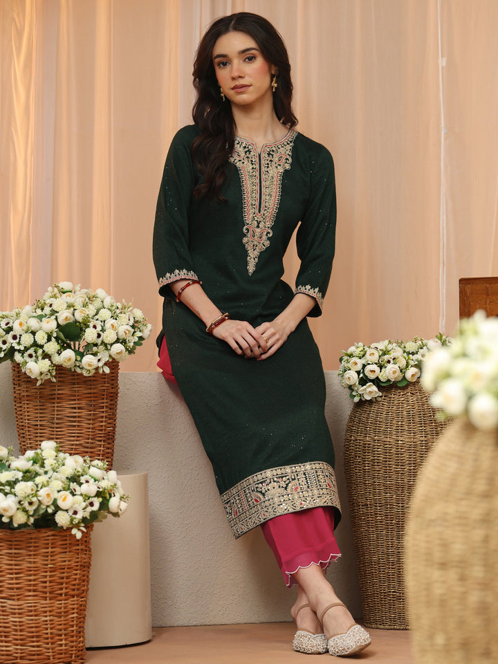 Forest Green Yoke Design Silk Blend Straight Kurta