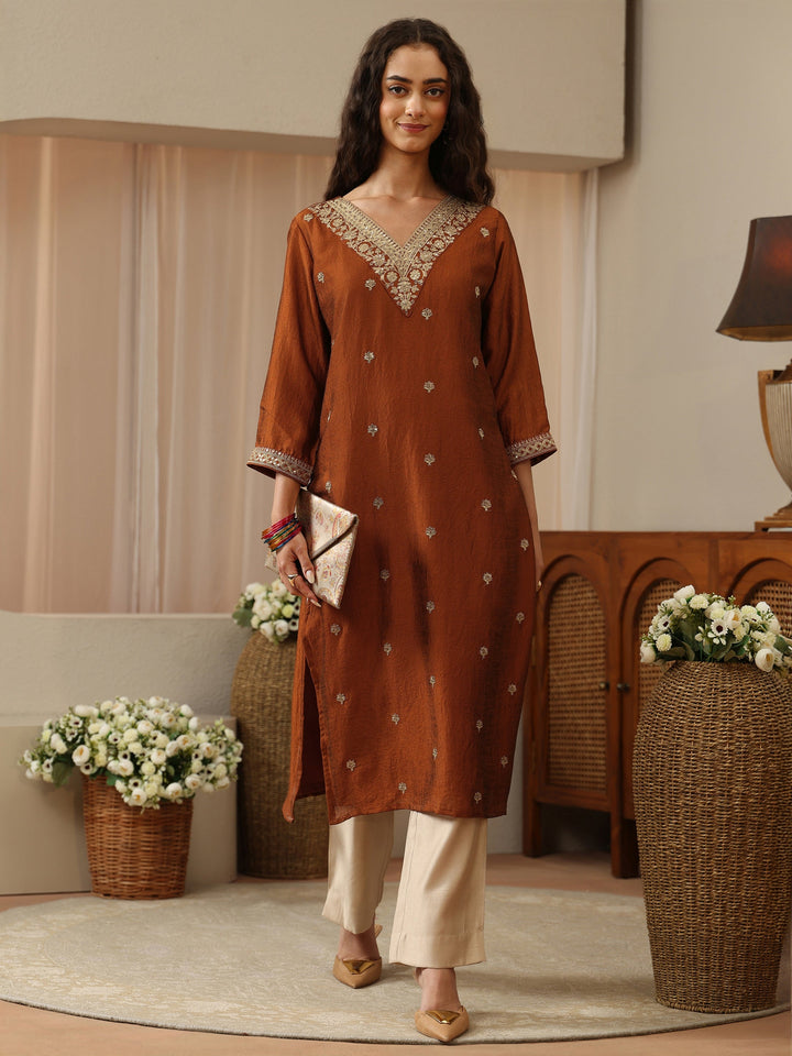 Burnt Orange Floral Embroidered Silk Blend Straight Kurta