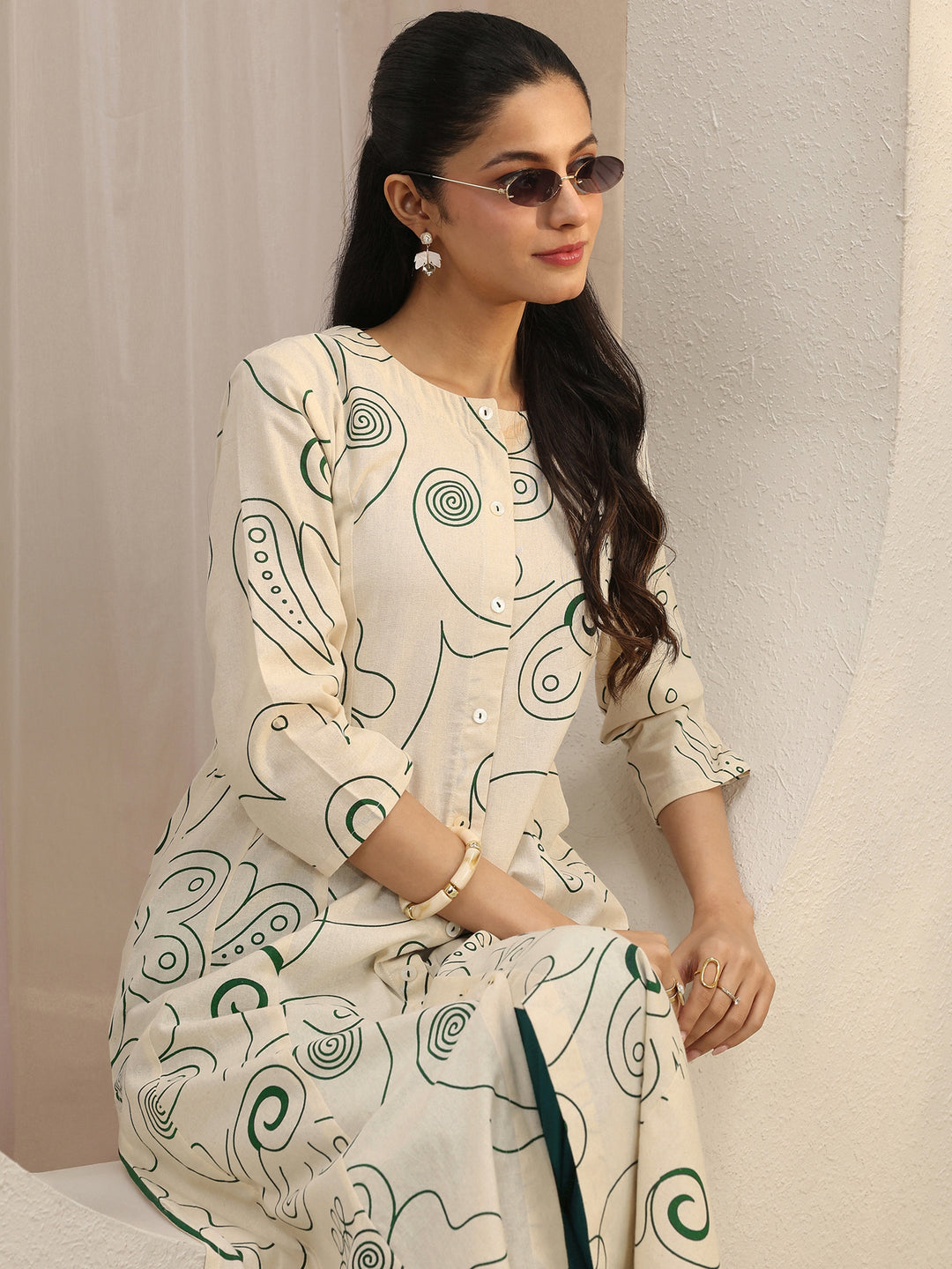 Off White Abstract Printed Panelled A-Line Kurta