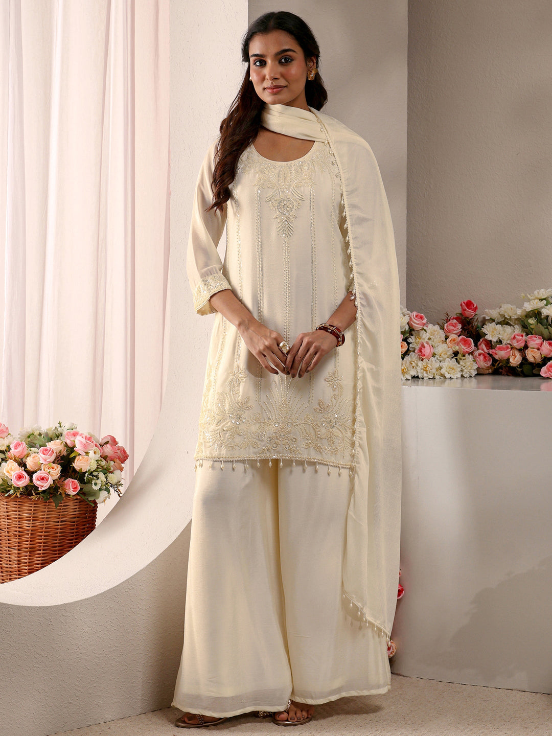 Off White Embellished Chinon Straight Suit Set With Dupatta