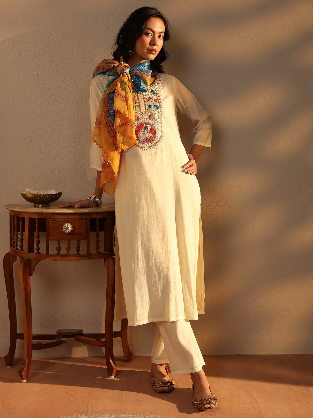 Off White Embroidered Chanderi Silk Straight Suit Set With Dupatta