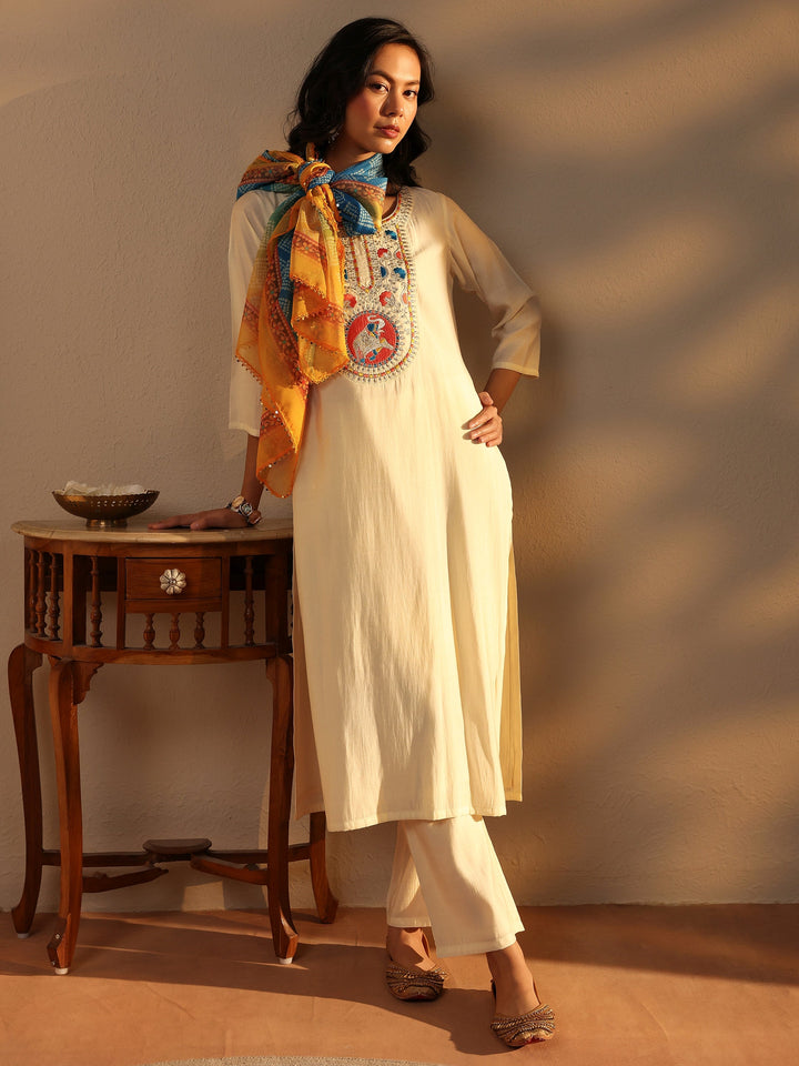 Off White Embroidered Chanderi Silk Straight Suit Set With Dupatta