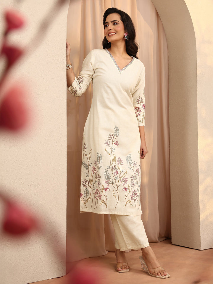 Off White Embroidered Cotton Blend Straight Kurta Set