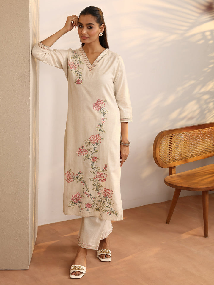 Off White Embroidered Cotton Blend Straight Kurta Set