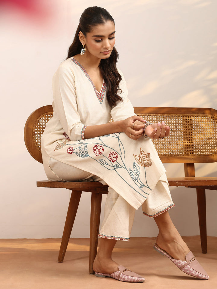 Off White Embroidered Cotton Blend Straight Kurta Set