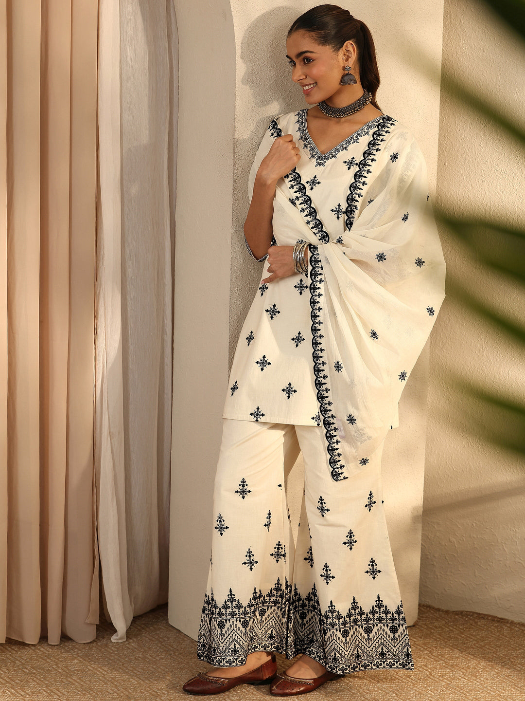Off White Embroidered Cotton Straight Suit Set With Dupatta