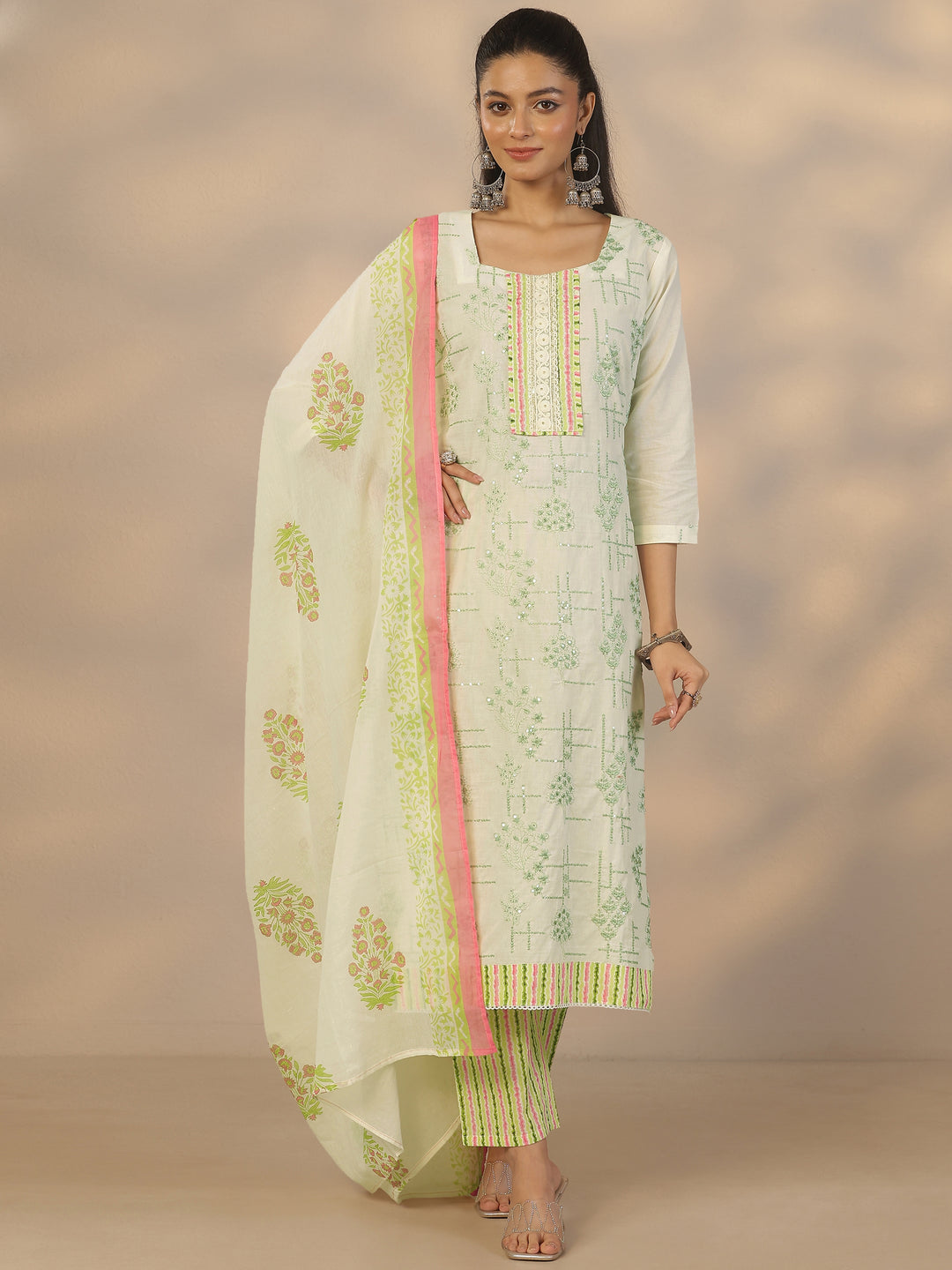 Off White Embroidered Cotton Straight Suit Set With Dupatta