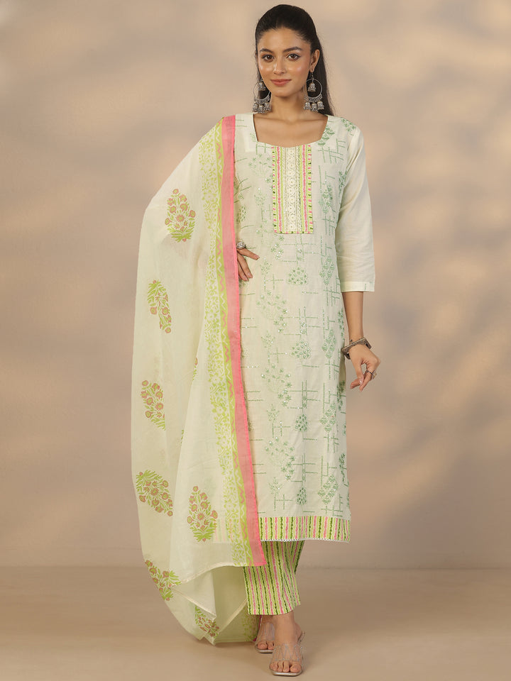 Off White Embroidered Cotton Straight Suit Set With Dupatta