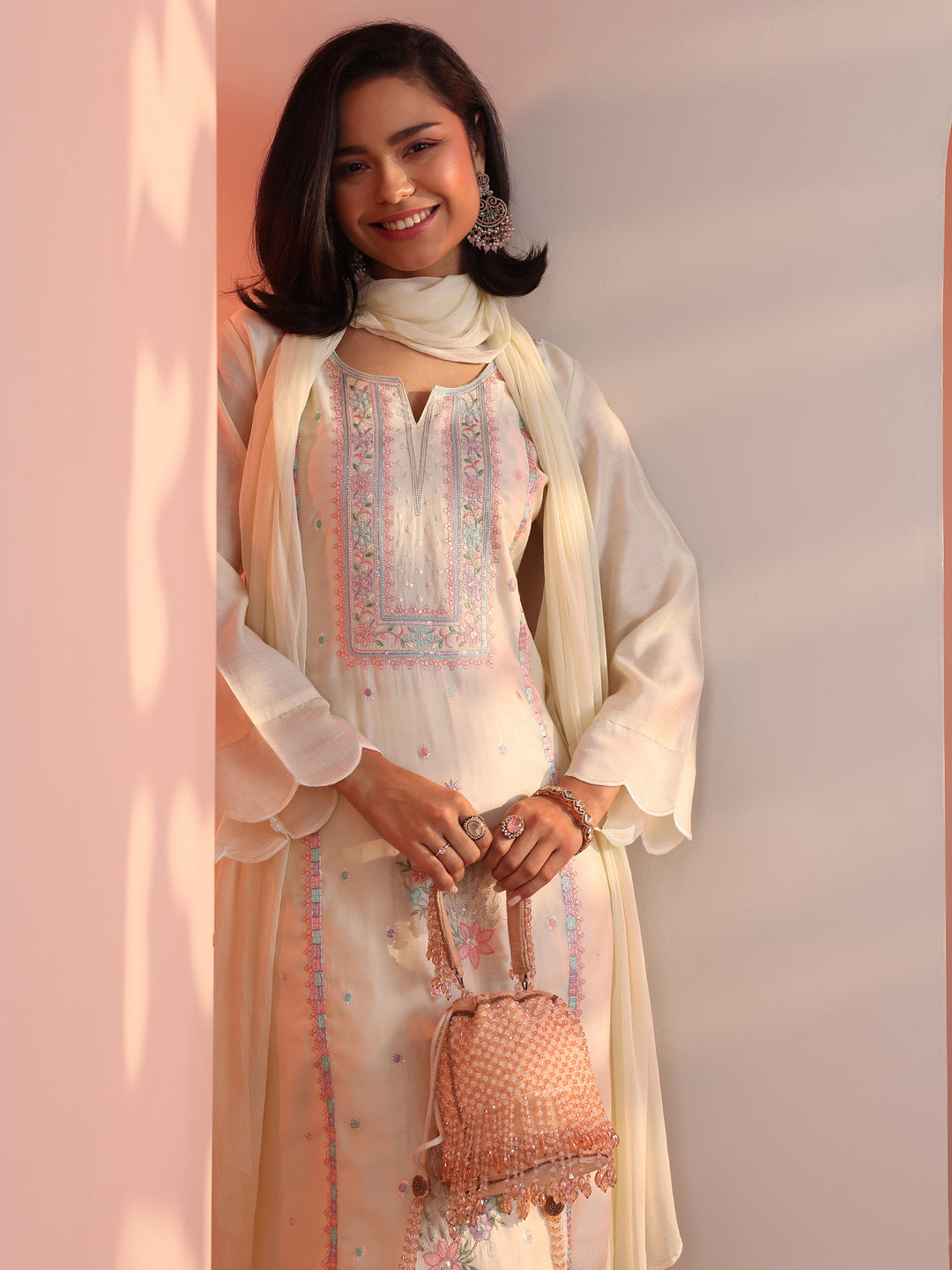 Off White Embroidered Silk Blend Straight Suit Set With Dupatta