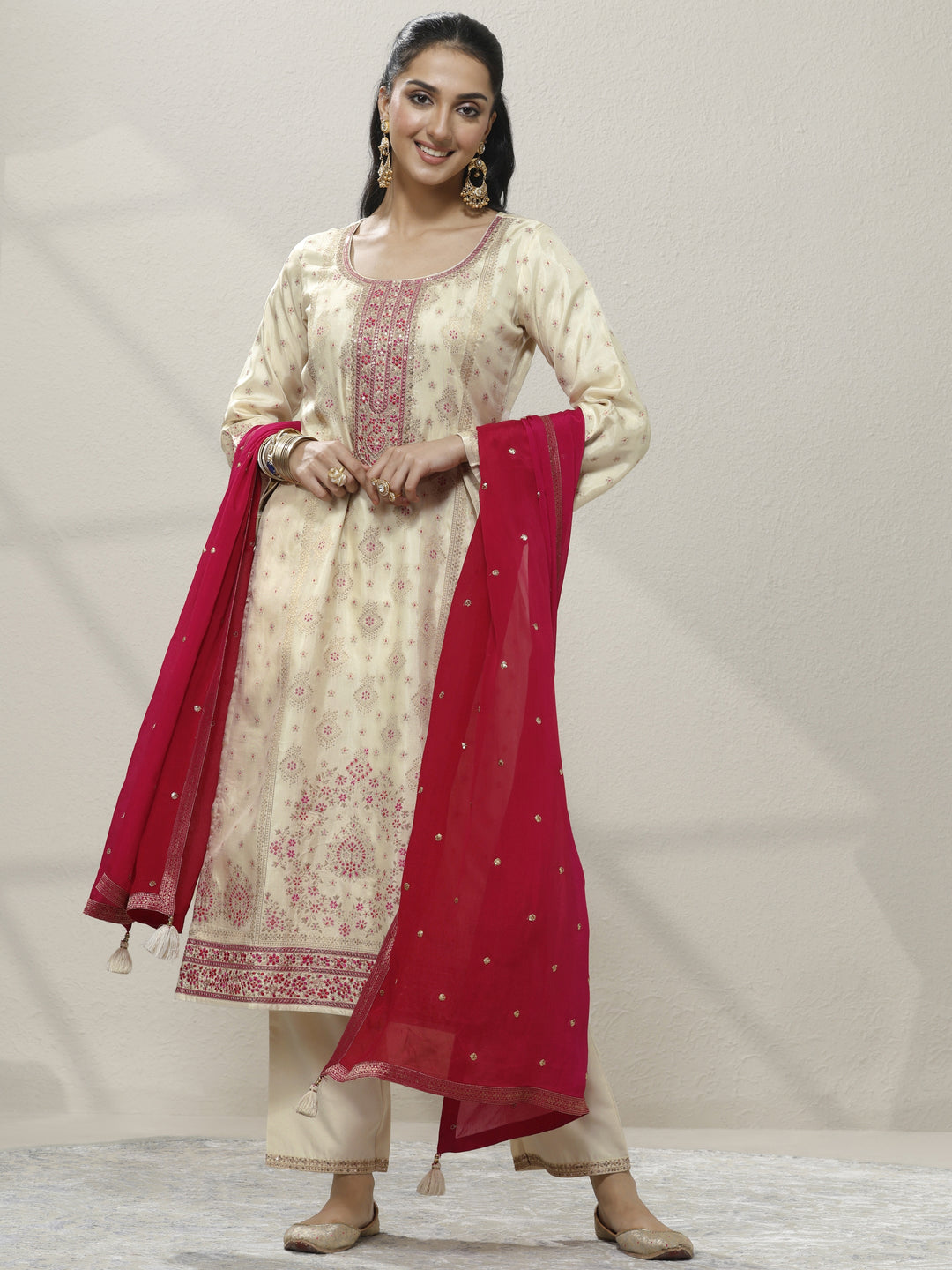 Off White Embroidered Silk blend Straight Suit Set With Dupatta