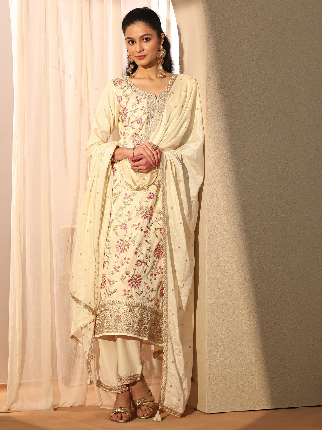 Off White Embroidered Silk Blend Straight Suit Set With Dupatta