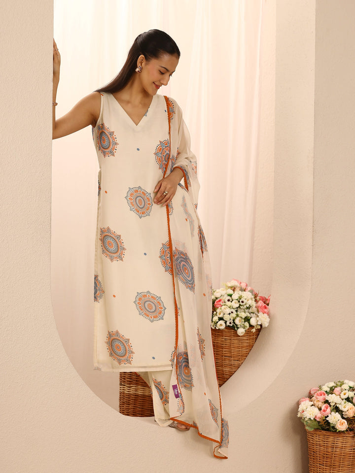 Off White Ethnic Motif Printed Chiffon Straight Suit Set With Dupatta