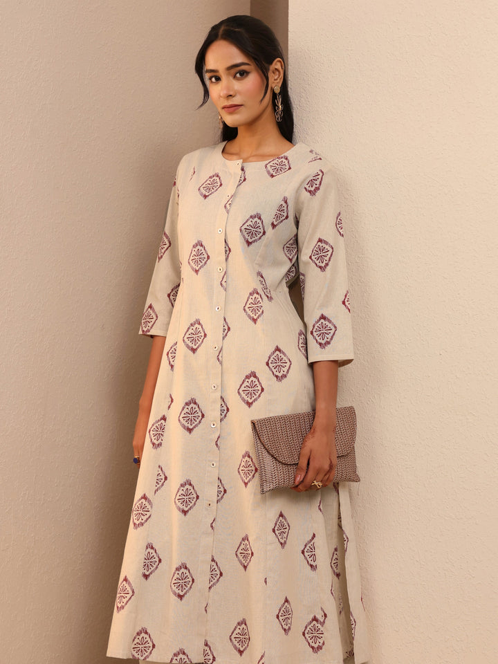 Off White Ethnic Motif Printed Cotton Blend A-Line Kurta