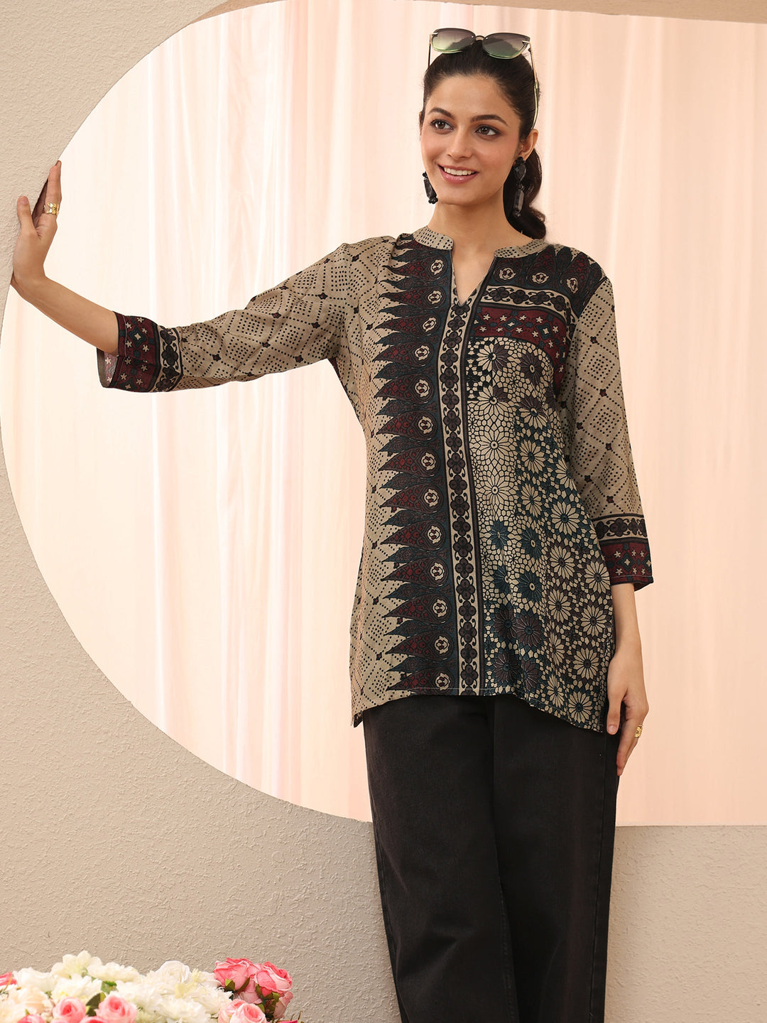 Off White Ethnic Printed Silk Blend Straight Short Kurti